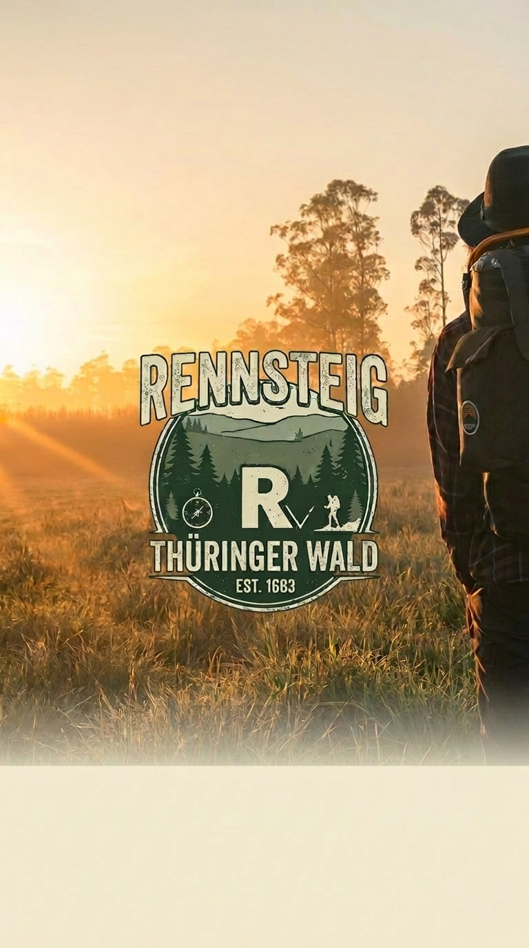 Wander-Merch vom Rennsteig, Logo vor Sonnenaufgang im Thüringer Wald