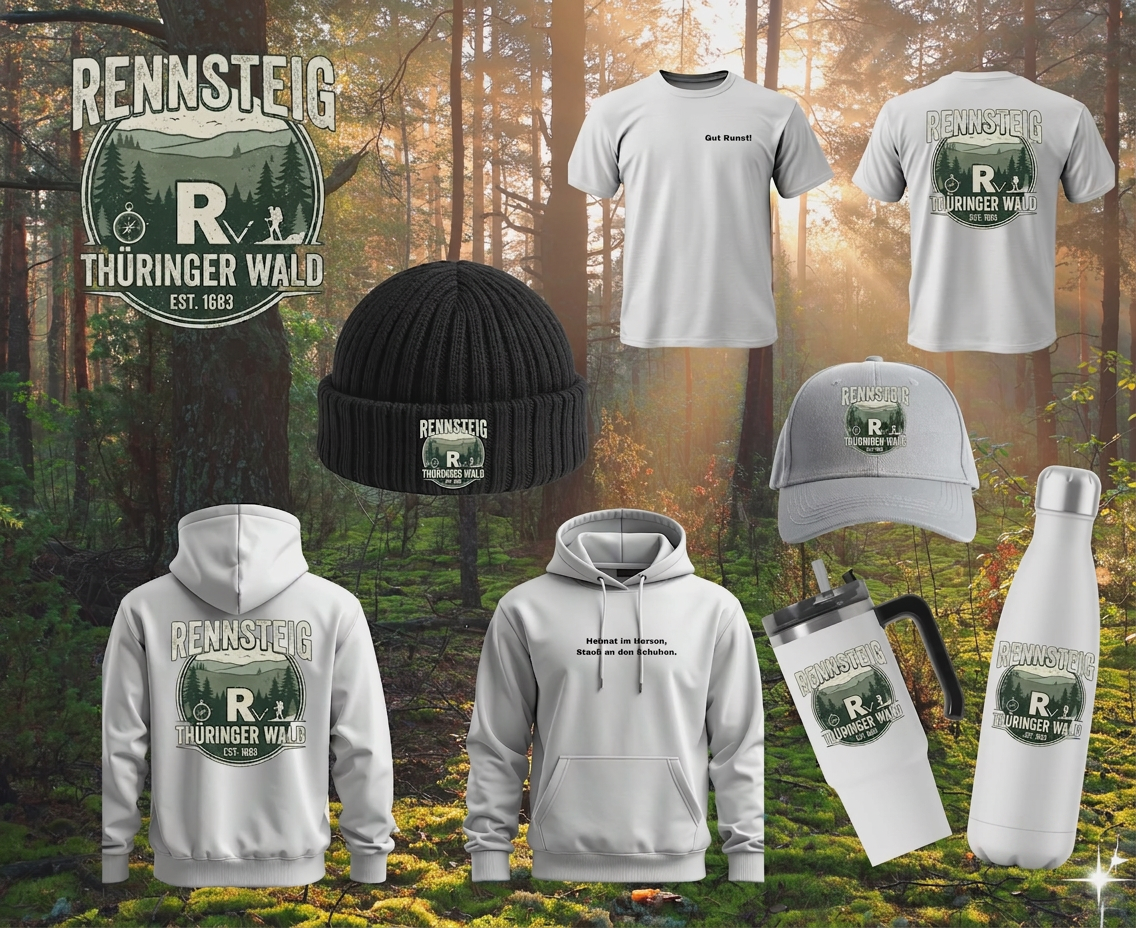 Die Rennsteig Kollektion - Hoodies, Shirts, Caps und Trinkflaschen aus dem Thüringer Wald
